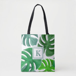 Grönt Monstera Plant Löv Mönster Monogrammed Tygkasse