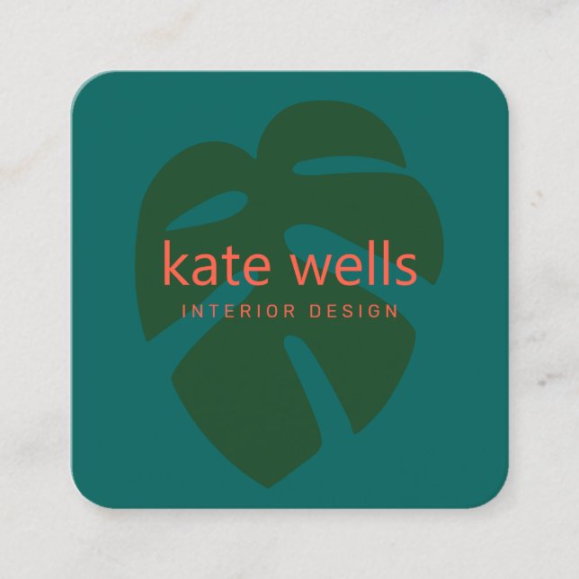 Grönt Monstera Tropical Löv Logotyp Inredingsdesig Fyrkantigt Visitkort (Framsida)