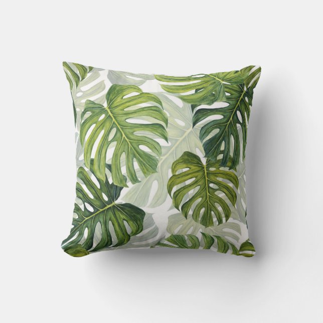 Grönt Monstera Tropical Watercolor Kudde (Framsida)