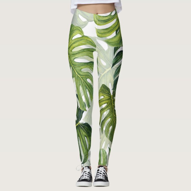 Grönt Monstera Tropical Watercolor Leggings (Framsida)