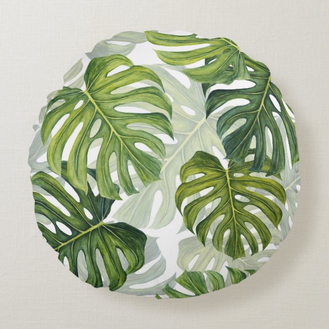 Grönt Monstera Tropical Watercolor Rund Kudde (Framsidan)