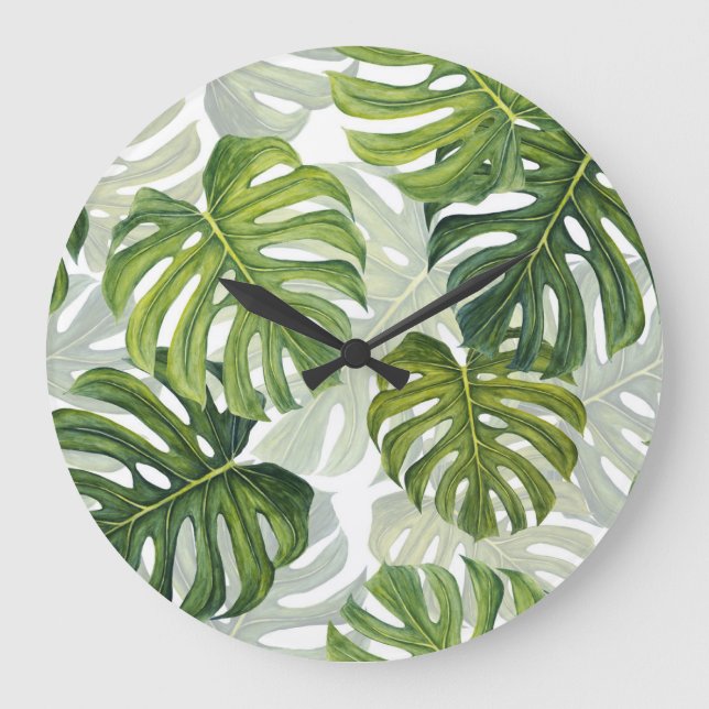 Grönt Monstera Tropical Watercolor Stor Klocka (Framsida)