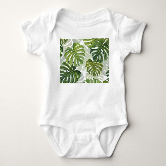 Grönt Monstera Tropical Watercolor T Shirt (Framsida)