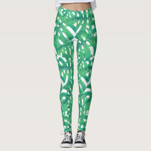 Grönt Monstera tropiska löv mönster på vit b Leggings