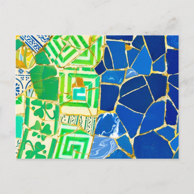 Grönt Mosaic Parc Guell Tiles i Barcelona Spanien Vykort (Framsida)