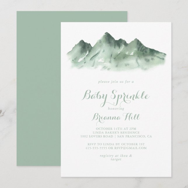 Grönt Mountain Land Calligraphy Baby Sprinkle Inbjudningar (Fram/baksida)
