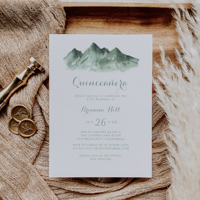 Grönt Mountain Land Calligraphy Quinceañera Inbjudningar (Skapare uppladdad)