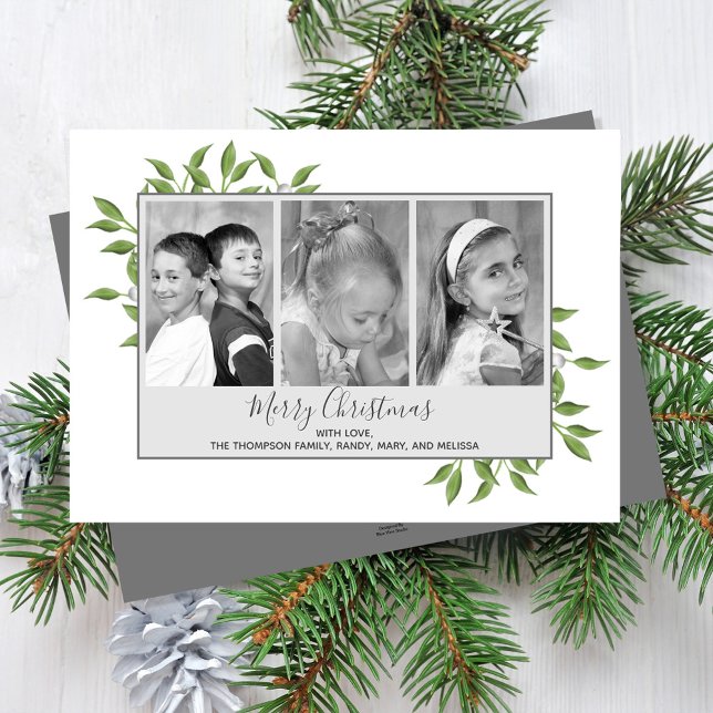 Grönt Multi Photo God jul Greenery Julkort (Merry Christmas holiday greenery multi photo card with a grey border. )