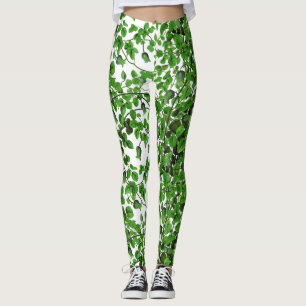 Grönt murgrönamönster på vit leggings