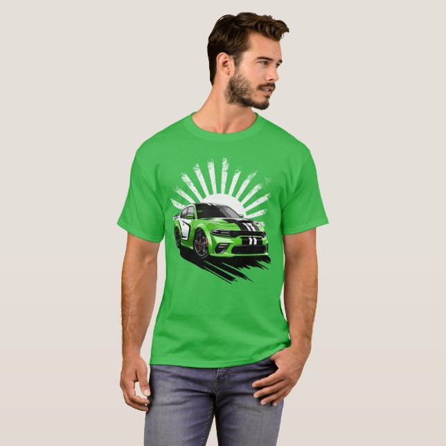 Grönt Muscle Car Turbo Sports Tävling Car T Shirt (Hel framsida)