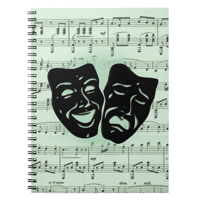 Grönt Music och grekiska teatermasker Anteckningsbok (Framsidan)