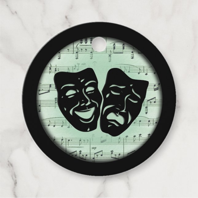 Grönt Music och grekiska teatermasker Gåvor Etiketter (Framsida)