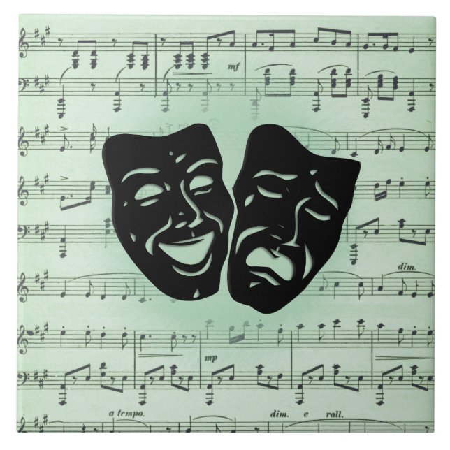 Grönt Music och grekiska teatermasker Kakelplatta (Framsidan)