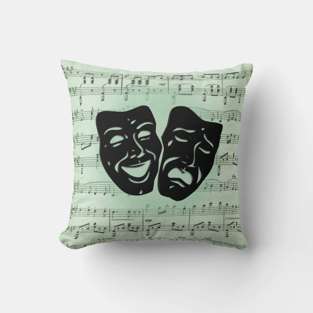 Grönt Music och grekiska teatermasker Kudde (Framsida)