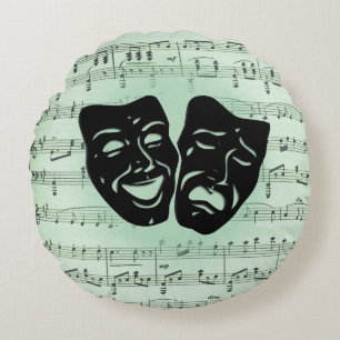 Grönt Music och grekiska teatermasker Rund Kudde