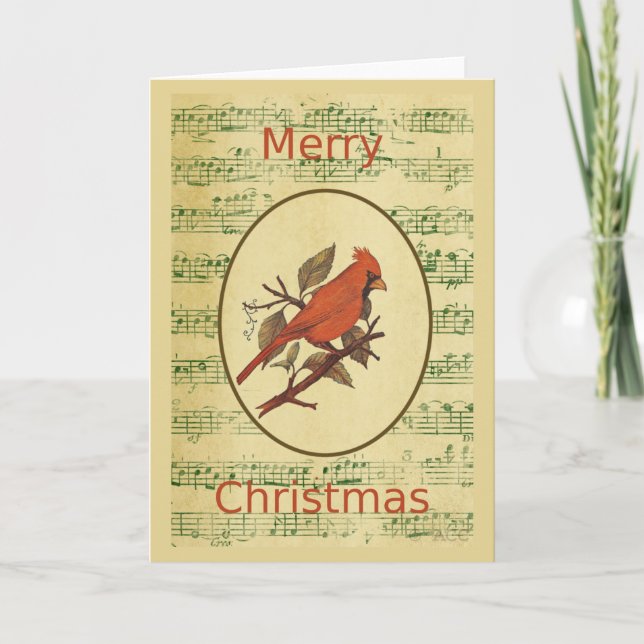 Grönt Musik i julklapp - Red Bird Cardinal Helgkort (Framsida)