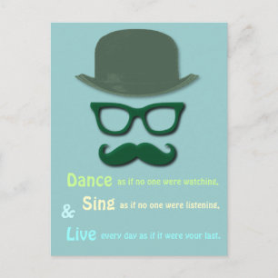 grönt mustasch, glas och hatt vykort