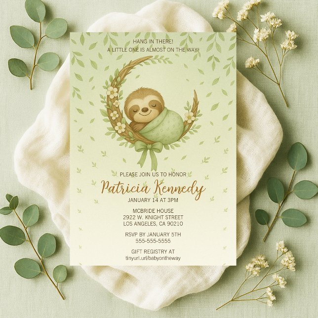 Grönt Mysigt Sloth Woodland Baby Shower Inbjudningar (Green Cozy Sloth Woodland Baby Shower Invitation
)