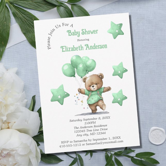 Grönt Nalle Balloons Stars Boy Baby Shower Inbjudningar (Skapare uppladdad)