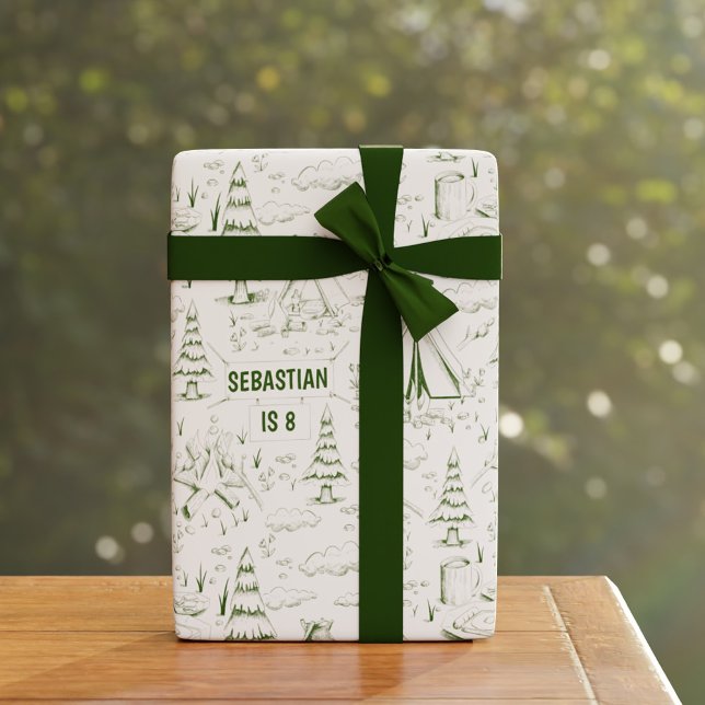 Grönt Nature Träd Smore Campfire Campday Birthday Presentpapper (Green Nature Trees Smore Campfire Camping Birthday Wrapping Paper)