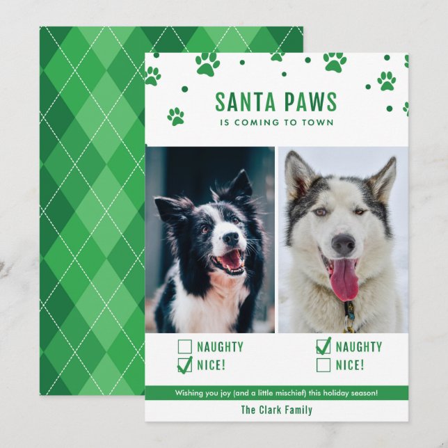 Grönt Naughty eller Nice 2-Hund julfotoport Julkort (Fram/baksida)