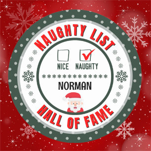 Grönt Naughty Nice Hall of Fame-julklapp Runt Klistermärke