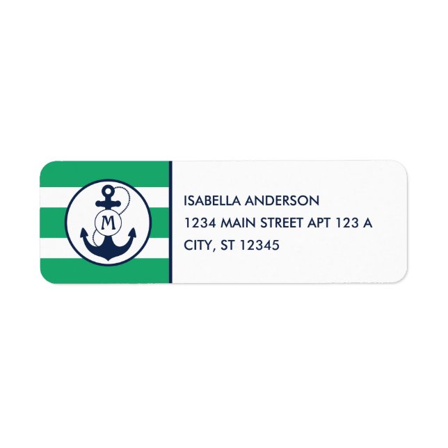 Grönt Nautical Anchor Monogram Returadress Etikett (Framsidan)