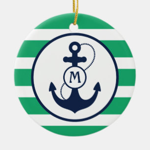 Grönt nautiskt ankrar monogramen julgransprydnad keramik