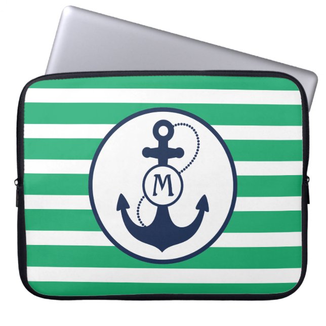 Grönt nautiskt ankrar monogramen laptop sleeve (Framsidan)