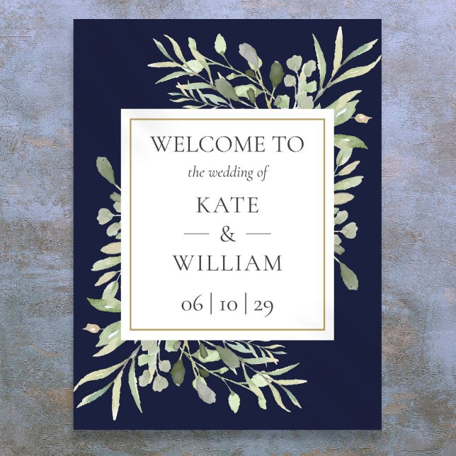 Grönt Navy Blått Bröllop Välkomstskylt Poster (Greenery Navy Blue Wedding Welcome Sign)