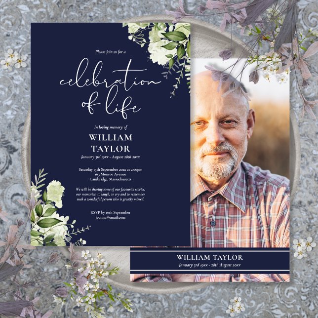 Grönt Navyblått Firande Av Liv Fotografi Inbjudningar (Greenery Navy Blue Celebration of Life Photo Invitation)