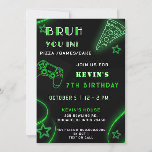 Grönt Neon Glow Pizza Games Bruh Birthday Inbjudningar