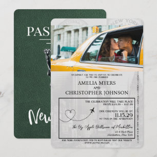 Grönt New York City Passport Bröllop Inbjudningar
