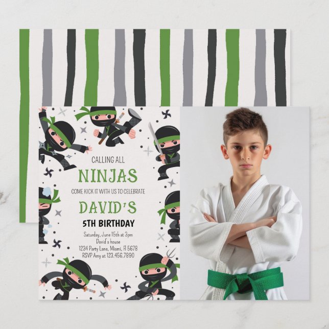 Grönt Ninja Warrior Martial Arts Birthday Photo Inbjudningar (Fram/baksida)
