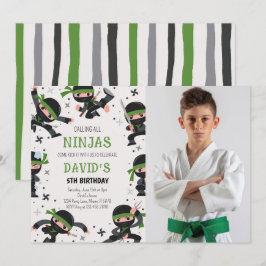 Grönt Ninja Warrior Martial Arts Birthday Photo Inbjudningar