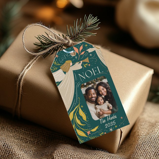 Grönt Noel Helgdag Photo Presentetikett (Green Noel Gift Tag)
