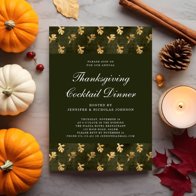 Grönt Oak Guld Löv Thanksgiving Cocktail Party Inbjudningar (Green Oak Gold Leaf Thanksgiving Cocktail Party Invitation)