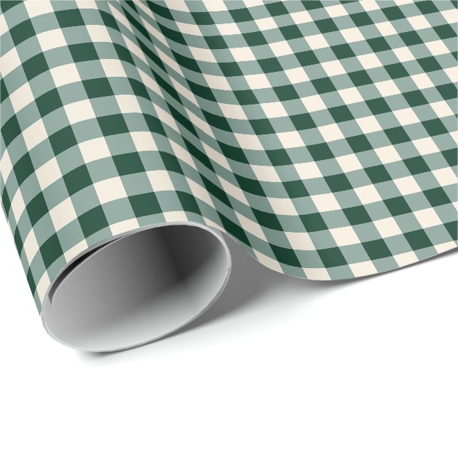 Grönt och Beige Gingham Rutigt Mönster  Presentpapper (Rullad Hörn)