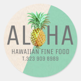 Grönt och beige linetext Aloha med ananas Runt Klistermärke