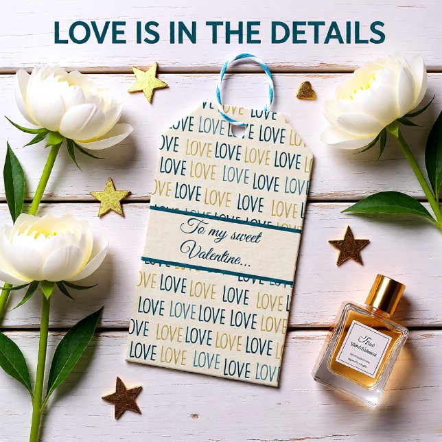 Grönt och Beige Loving Hearts Presentetikett (Elegant Teal & Gold Love Pattern Valentine’s Gift Tags)