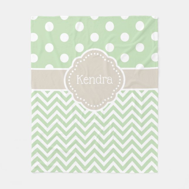 Grönt och Beige Polka Dot Chevron Monogram Fleecefilt (Framsidan)