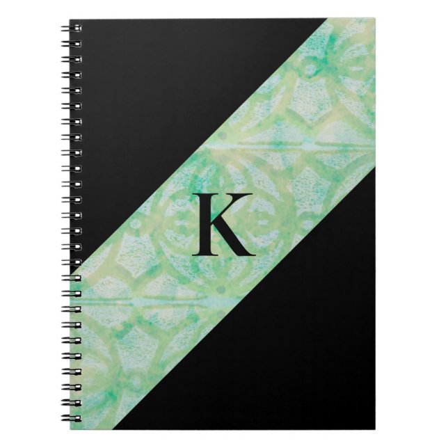 Grönt och blå batik och svart monogrammat anteckningsbok (Framsidan)