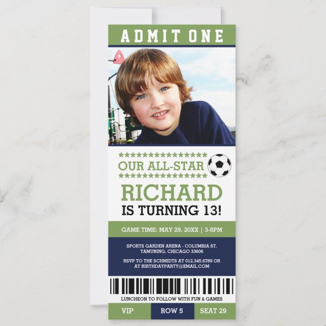 Grönt och blå fotboll Biljett Birthday Inbjudan (Framsida)