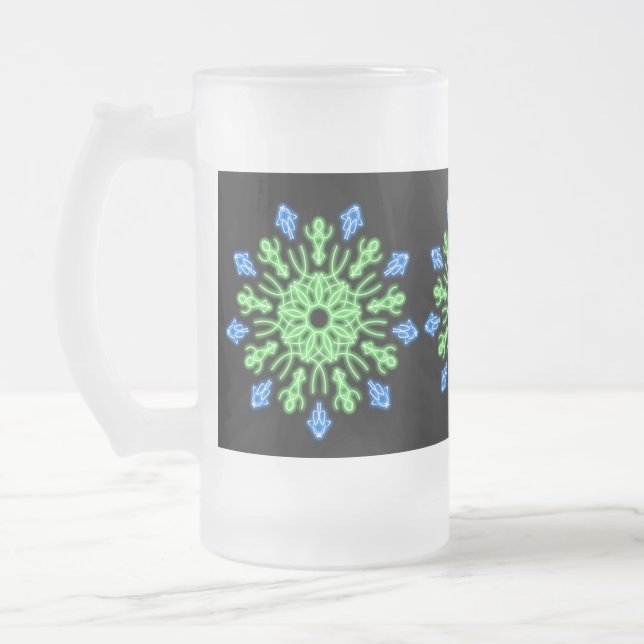 Grönt och blå neonblomma frostat ölglas (Vänster)