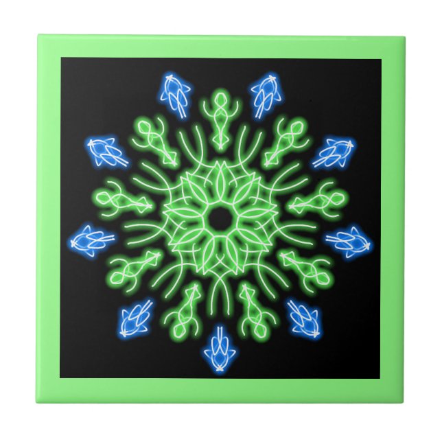 Grönt och blå neonblomma kakelplatta (Framsidan)
