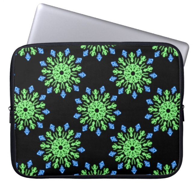 Grönt och blå neonblomma laptop sleeve (Framsidan)