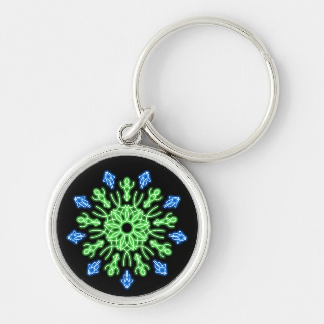 Grönt och blå neonblomma rund silverfärgad nyckelring (Framsidan)