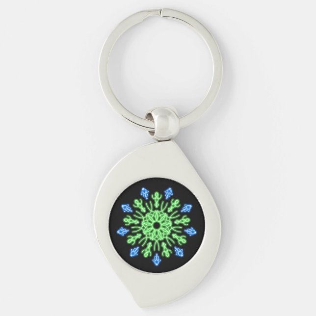 Grönt och blå neonblomma swirl silverfärgad nyckelring (Framsidan)
