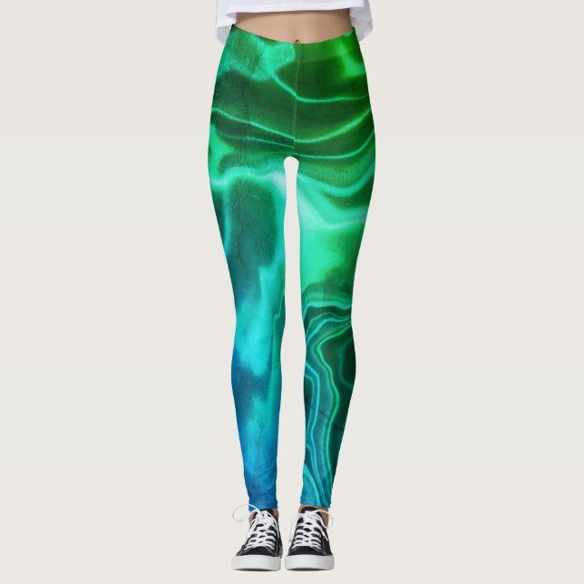 Grönt och blå Vatten-marmorerade spandex-baljväxte Leggings (Framsida)
