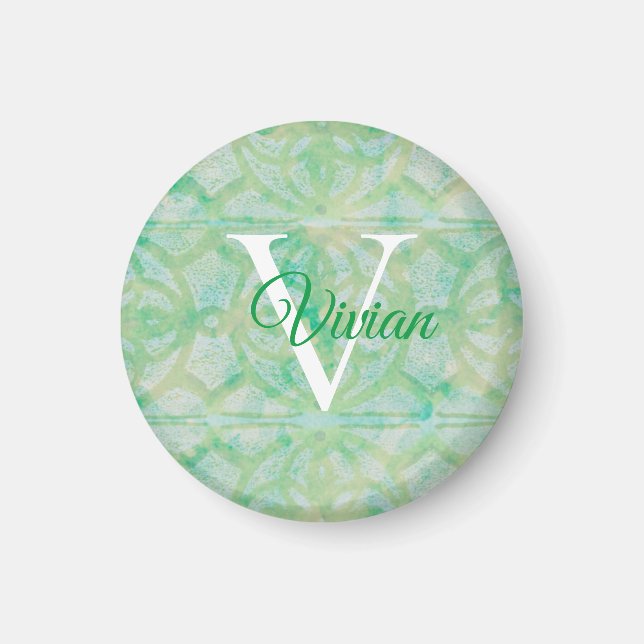 Grönt och blå vattenfärg, Monogram Namn Magnet (Framsidan)